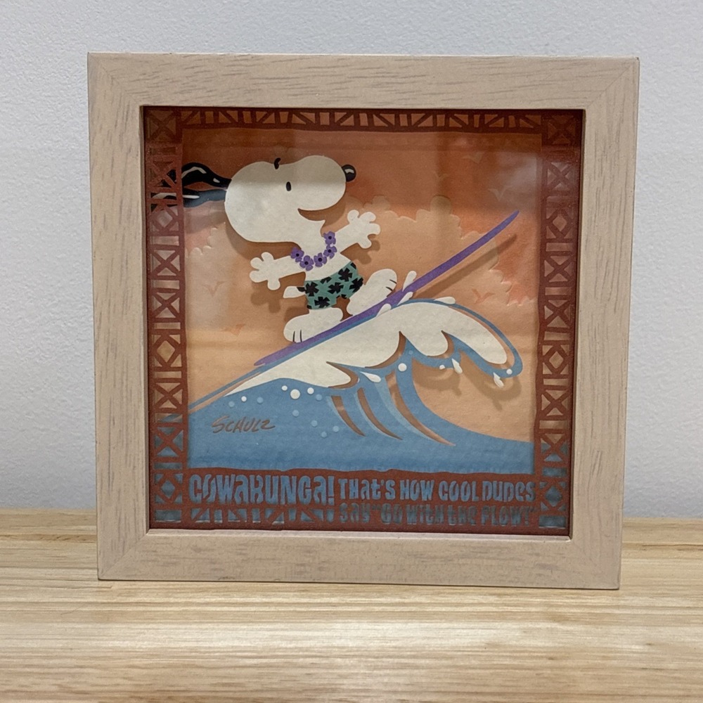 *New* Snoopy Surfing Hallmark Laser Gallery Wood Framed Picture Cowabunga Wave